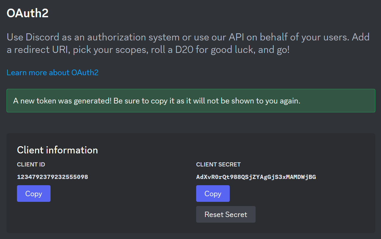 Top section of the OAuth2 page on Discord Developers showing the app's Client ID and Client Secret, copy buttons are visible under both.