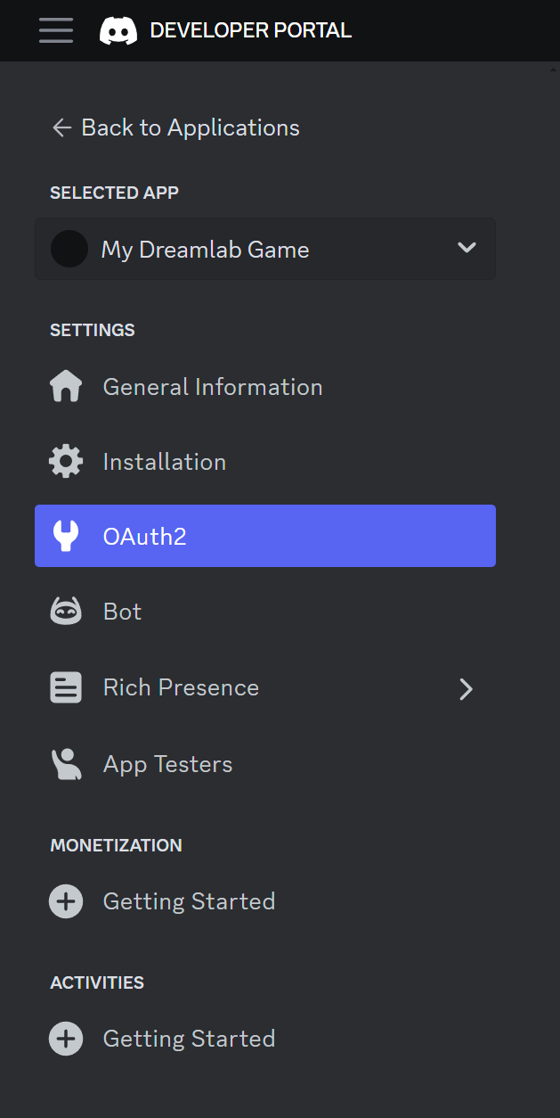 Sidebar of the Discord Developers page for an application named 'My Dreamlab Game', the OAuth2 section under the subheading 'Settings' is selected.