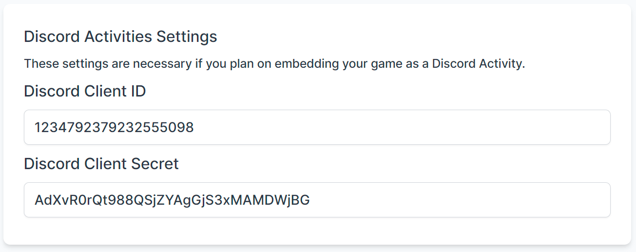 Bottom section of the Edit World page on Dreamlab titled 'Discord Activities Settings', showing two input boxes labelled 'Discord Client ID' and 'Discord Client Secret'. These have been filled with the information from the above image.